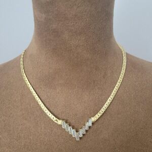 Vintage Gold Tone Baguette Rhinestone Chevron Necklace 16 Inch Glam